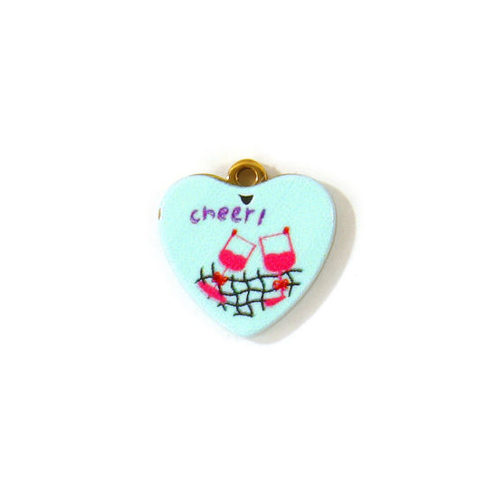 2 PCs Eco-friendly PVD Waterproof Anti-Tarnish Hypoallergenic 304 Stainless Steel Charms Wholesale 18K Real Gold Plated Light Green Heart Message " Cheer " Double Sided Printed 14mm x 14mm の画像