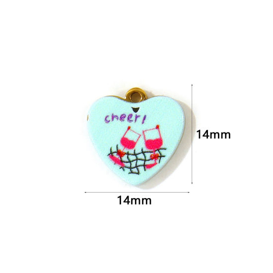 2 PCs Eco-friendly PVD Waterproof Anti-Tarnish Hypoallergenic 304 Stainless Steel Charms Wholesale 18K Real Gold Plated Light Green Heart Message " Cheer " Double Sided Printed 14mm x 14mm の画像