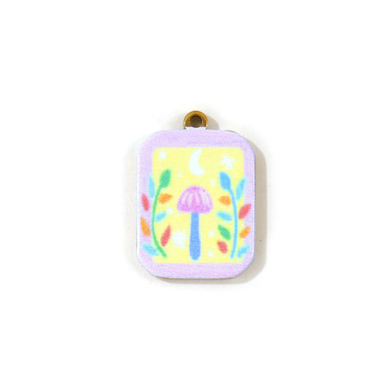 2 PCs Eco-friendly PVD Waterproof Anti-Tarnish Hypoallergenic 304 Stainless Steel Charms Wholesale 18K Real Gold Plated Yellow Octagon Mushroom Double Sided Printed 21mm x 15mm の画像