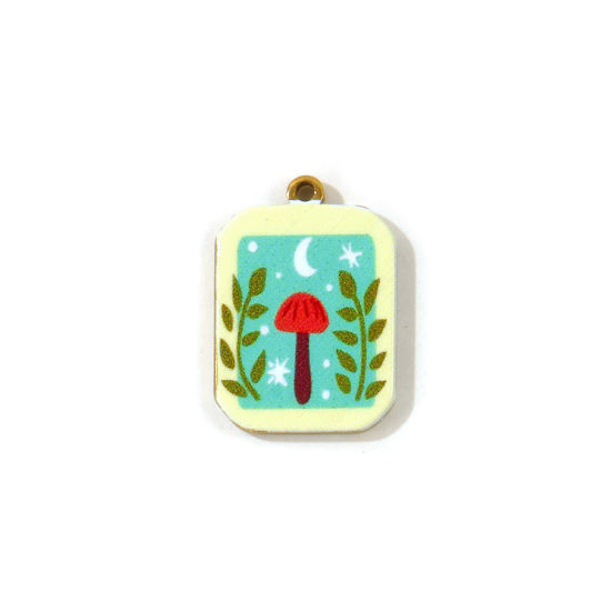 2 PCs Eco-friendly PVD Waterproof Anti-Tarnish Hypoallergenic 304 Stainless Steel Charms Wholesale 18K Real Gold Plated Green Octagon Mushroom Double Sided Printed 21mm x 15mm の画像