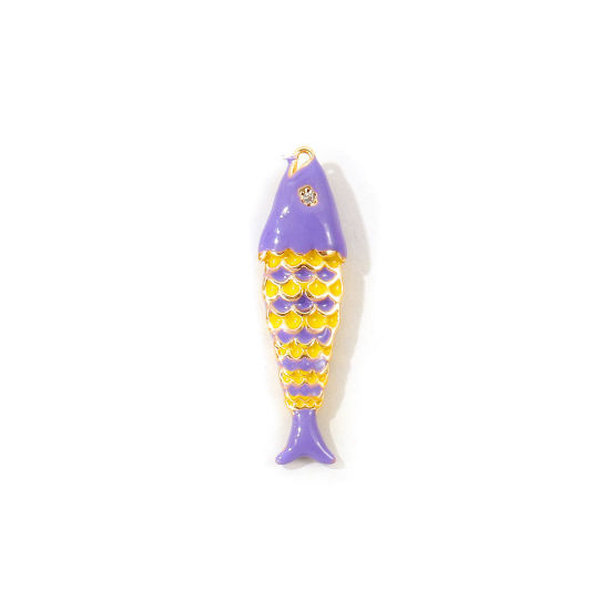 Picture of 2 PCs Eco-friendly Brass Ocean Jewelry Charms Wholesale, Fish Animal 18K Real Gold Plated Purple Enamel 29mm x 8mm