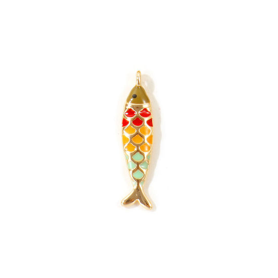 Picture of 2 PCs Eco-friendly Brass Ocean Jewelry Charms Wholesale, Fish Animal 18K Real Gold Plated Multicolor Enamel 26mm x 6mm