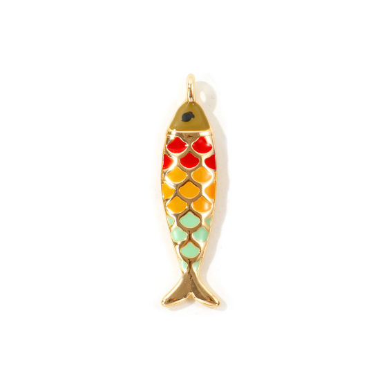 Picture of 2 PCs Eco-friendly Brass Ocean Jewelry Charms Wholesale, Fish Animal 18K Real Gold Plated Multicolor Enamel 4.9cm x 1.2cm