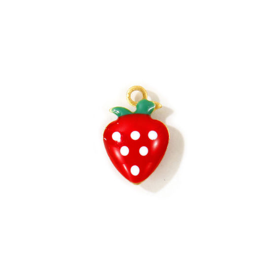 Picture of 10 PCs Eco-friendly Brass Charms Wholesale, Strawberry Fruit 18K Real Gold Plated Red Double-sided Enamel Mini 12mm x 8mm