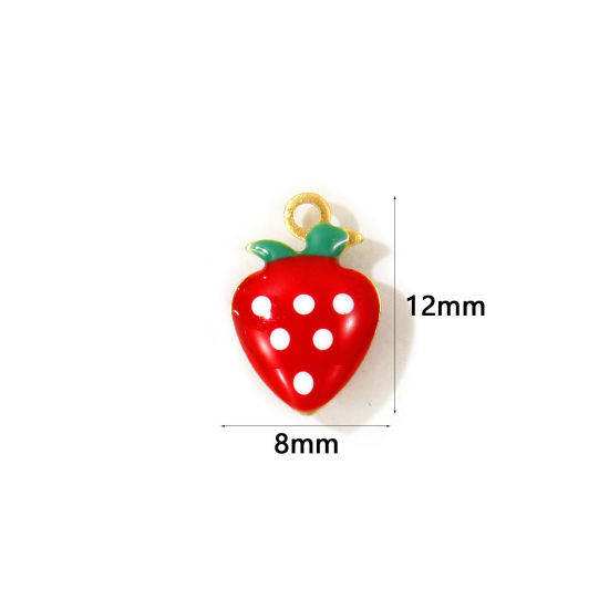Picture of 10 PCs Eco-friendly Brass Charms Wholesale, Strawberry Fruit 18K Real Gold Plated Red Double-sided Enamel Mini 12mm x 8mm