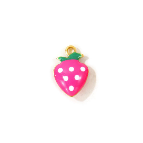 Picture of 10 PCs Eco-friendly Brass Charms Wholesale, Strawberry Fruit 18K Real Gold Plated Hot Pink Double-sided Enamel Mini 12mm x 8mm