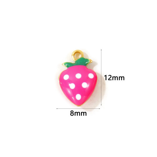 Picture of 10 PCs Eco-friendly Brass Charms Wholesale, Strawberry Fruit 18K Real Gold Plated Hot Pink Double-sided Enamel Mini 12mm x 8mm