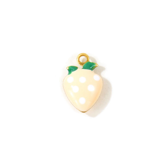 Picture of 10 PCs Eco-friendly Brass Charms Wholesale, Strawberry Fruit 18K Real Gold Plated Light Beige Double-sided Enamel Mini 12mm x 8mm