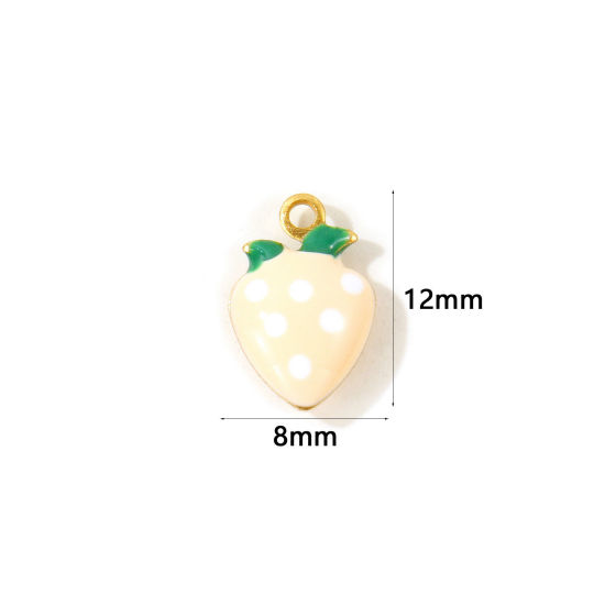 Picture of 10 PCs Eco-friendly Brass Charms Wholesale, Strawberry Fruit 18K Real Gold Plated Light Beige Double-sided Enamel Mini 12mm x 8mm