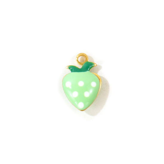 Picture of 10 PCs Eco-friendly Brass Charms Wholesale, Strawberry Fruit 18K Real Gold Plated Light Green Double-sided Enamel Mini 12mm x 8mm