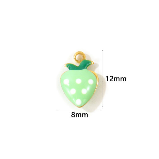Picture of 10 PCs Eco-friendly Brass Charms Wholesale, Strawberry Fruit 18K Real Gold Plated Light Green Double-sided Enamel Mini 12mm x 8mm