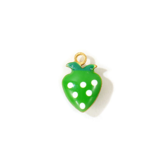 Picture of 10 PCs Eco-friendly Brass Charms Wholesale, Strawberry Fruit 18K Real Gold Plated Emerald Green Double-sided Enamel Mini 12mm x 8mm