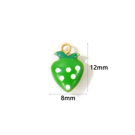 Picture of 10 PCs Eco-friendly Brass Charms Wholesale, Strawberry Fruit 18K Real Gold Plated Emerald Green Double-sided Enamel Mini 12mm x 8mm
