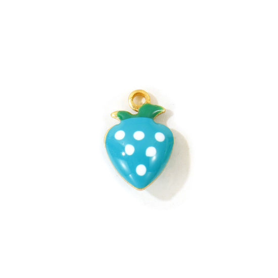 Picture of 10 PCs Eco-friendly Brass Charms Wholesale, Strawberry Fruit 18K Real Gold Plated Green Blue Double-sided Enamel Mini 12mm x 8mm