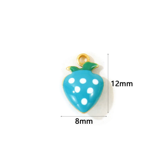 Picture of 10 PCs Eco-friendly Brass Charms Wholesale, Strawberry Fruit 18K Real Gold Plated Green Blue Double-sided Enamel Mini 12mm x 8mm