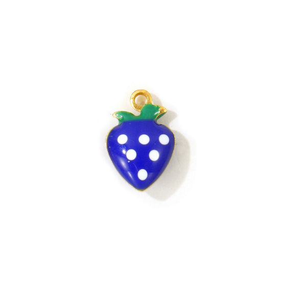 Picture of 10 PCs Eco-friendly Brass Charms Wholesale, Strawberry Fruit 18K Real Gold Plated Royal Blue Double-sided Enamel Mini 12mm x 8mm