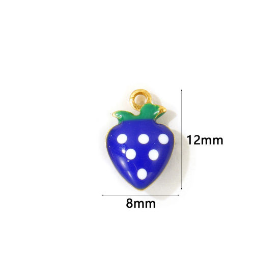 Picture of 10 PCs Eco-friendly Brass Charms Wholesale, Strawberry Fruit 18K Real Gold Plated Royal Blue Double-sided Enamel Mini 12mm x 8mm