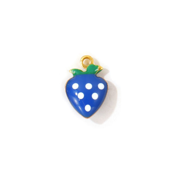 Picture of 10 PCs Eco-friendly Brass Charms Wholesale, Strawberry Fruit 18K Real Gold Plated Dark Blue Double-sided Enamel Mini 12mm x 8mm