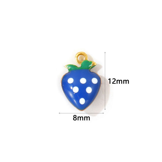Picture of 10 PCs Eco-friendly Brass Charms Wholesale, Strawberry Fruit 18K Real Gold Plated Dark Blue Double-sided Enamel Mini 12mm x 8mm