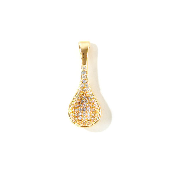 Picture of 1 Piece Eco-friendly Brass Charms Wholesale, Spoon 18K Real Gold Plated Clear Cubic Zirconia 27mm x 10mm