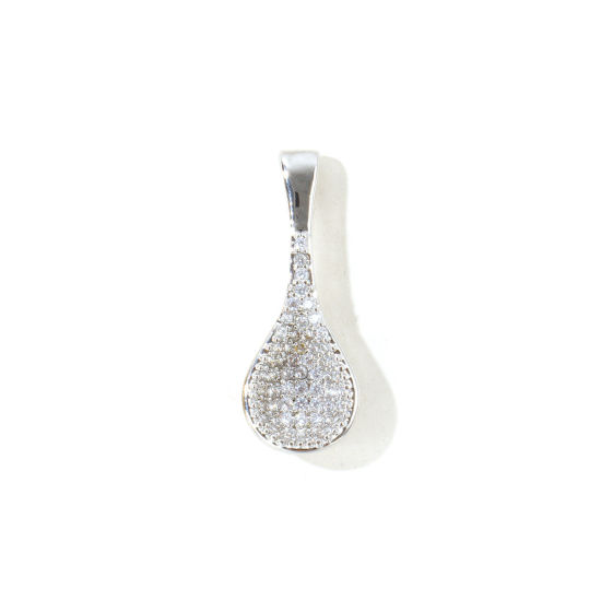 Picture of 1 Piece Eco-friendly Brass Charms Wholesale, Spoon Real Platinum Plated Clear Cubic Zirconia 27mm x 10mm