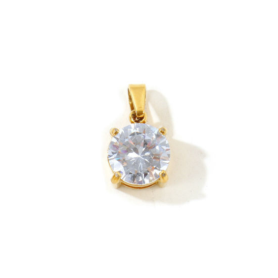 Picture of 2 PCs Eco-friendly Vacuum Plating 304 Stainless Steel Geometric Charm Pendant Wholesale 18K Real Gold Plated Round Clear Cubic Zirconia 15mm x 8mm