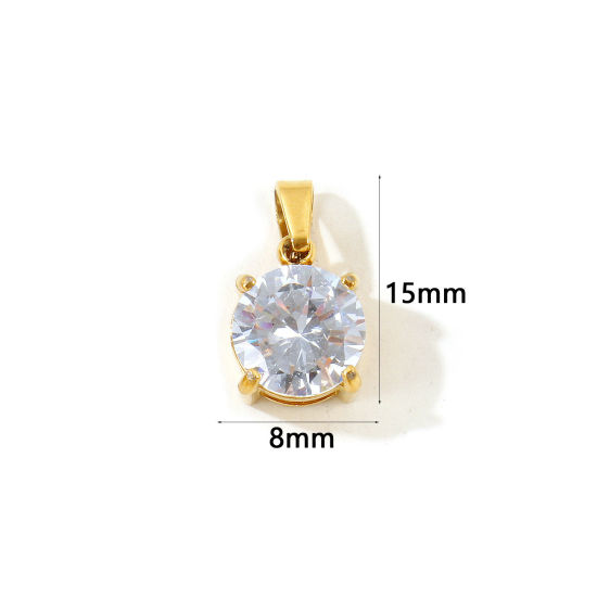 Picture of 2 PCs Eco-friendly Vacuum Plating 304 Stainless Steel Geometric Charm Pendant Wholesale 18K Real Gold Plated Round Clear Cubic Zirconia 15mm x 8mm