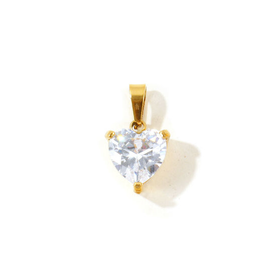 Picture of 2 PCs Eco-friendly Vacuum Plating 304 Stainless Steel Geometric Charm Pendant Wholesale 18K Real Gold Plated Heart Clear Cubic Zirconia 16mm x 9mm