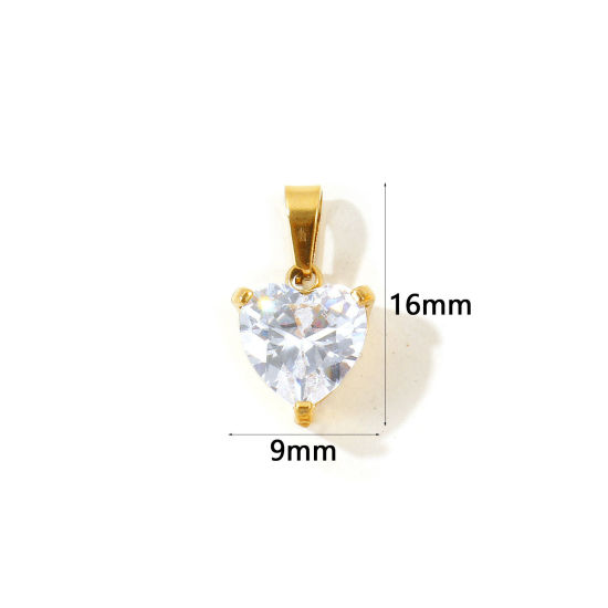 Picture of 2 PCs Eco-friendly Vacuum Plating 304 Stainless Steel Geometric Charm Pendant Wholesale 18K Real Gold Plated Heart Clear Cubic Zirconia 16mm x 9mm