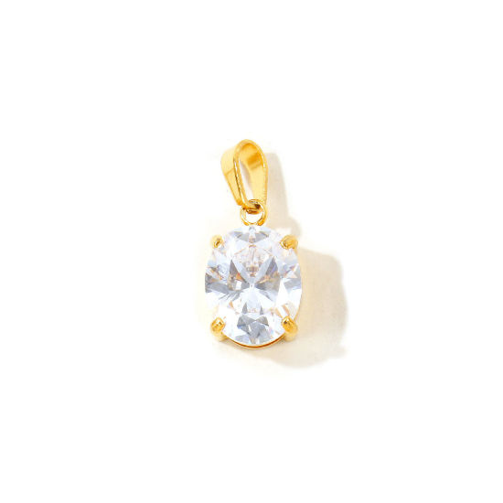 Picture of 2 PCs Eco-friendly Vacuum Plating 304 Stainless Steel Geometric Charm Pendant Wholesale 18K Real Gold Plated Round Clear Cubic Zirconia 17mm x 8mm