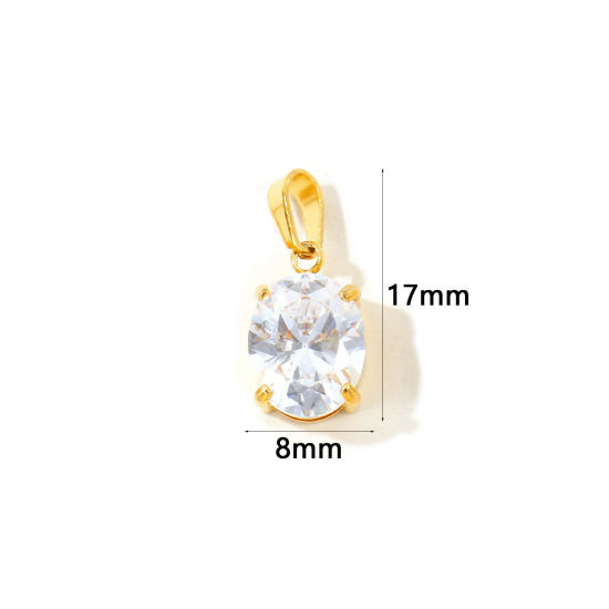 Picture of 2 PCs Eco-friendly Vacuum Plating 304 Stainless Steel Geometric Charm Pendant Wholesale 18K Real Gold Plated Round Clear Cubic Zirconia 17mm x 8mm