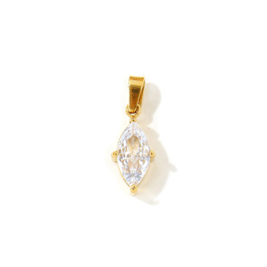 Picture of 2 PCs Eco-friendly Vacuum Plating 304 Stainless Steel Geometric Charm Pendant Wholesale 18K Real Gold Plated Marquise Clear Cubic Zirconia 18mm x 7mm