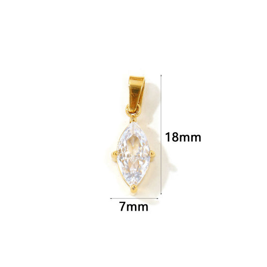 Picture of 2 PCs Eco-friendly Vacuum Plating 304 Stainless Steel Geometric Charm Pendant Wholesale 18K Real Gold Plated Marquise Clear Cubic Zirconia 18mm x 7mm