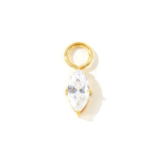 Picture of 2 PCs Eco-friendly Vacuum Plating 304 Stainless Steel Geometric Charms Wholesale 18K Real Gold Plated Marquise Clear Cubic Zirconia 21mm x 8mm