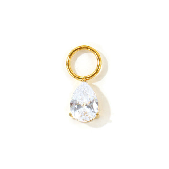 Picture of 2 PCs Eco-friendly Vacuum Plating 304 Stainless Steel Geometric Charms Wholesale 18K Real Gold Plated Drop Clear Cubic Zirconia 20mm x 9mm