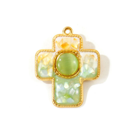 Picture of 1 Piece Eco-friendly PVD 304 Stainless Steel & Natural Shell Pendants Wholesale 18K Real Gold Plated Green Cross Synthetic Cat's Eye 3.8cm x 3.1cm
