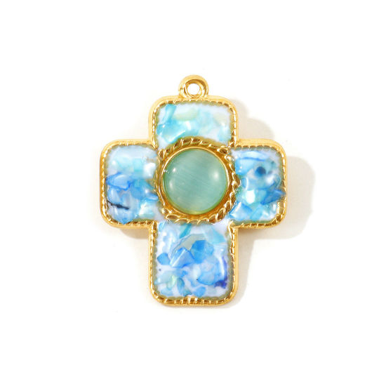 Picture of 1 Piece Eco-friendly PVD 304 Stainless Steel & Natural Shell Pendants Wholesale 18K Real Gold Plated Blue Cross Synthetic Cat's Eye 3.8cm x 3.1cm