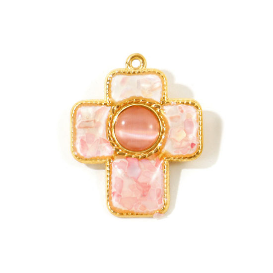 Picture of 1 Piece Eco-friendly PVD 304 Stainless Steel & Natural Shell Pendants Wholesale 18K Real Gold Plated Pink Cross Synthetic Cat's Eye 3.8cm x 3.1cm