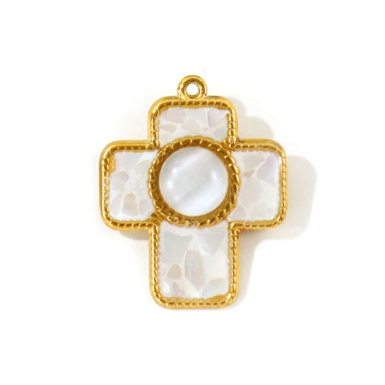 Picture of 1 Piece Eco-friendly PVD 304 Stainless Steel & Natural Shell Pendants Wholesale 18K Real Gold Plated White Cross Synthetic Cat's Eye 3.8cm x 3.1cm