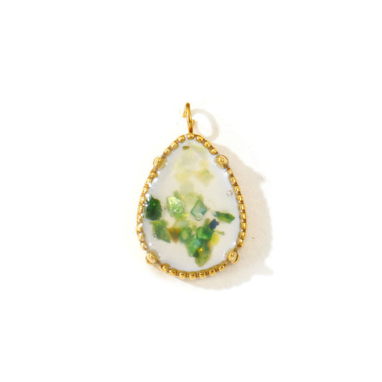 Picture of 2 PCs Eco-friendly PVD 304 Stainless Steel & Natural Shell Ocean Jewelry Charms Wholesale 18K Real Gold Plated Green Drop 20mm x 12mm
