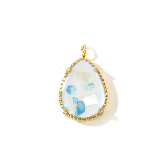 Picture of 2 PCs Eco-friendly PVD 304 Stainless Steel & Natural Shell Ocean Jewelry Charms Wholesale 18K Real Gold Plated Blue Drop 20mm x 12mm
