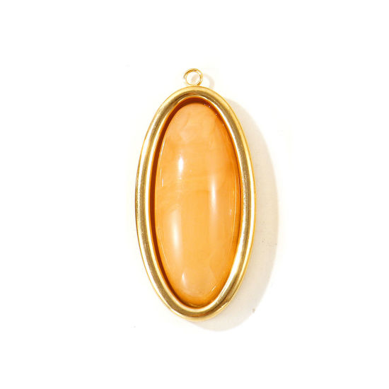 Picture of 1 Piece Eco-friendly PVD 304 Stainless Steel & Resin Geometric Pendants Wholesale 18K Real Gold Plated Light Orange Oval With Resin Cabochons 4.4cm x 2.1cm