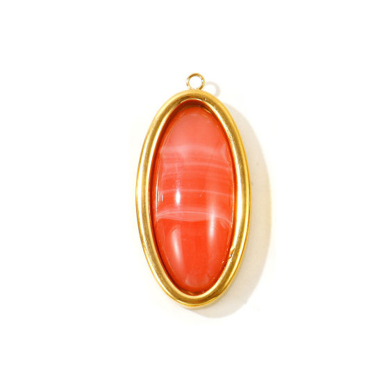 Picture of 1 Piece Eco-friendly PVD 304 Stainless Steel & Resin Geometric Pendants Wholesale 18K Real Gold Plated Orange Pink Oval With Resin Cabochons 4.4cm x 2.1cm