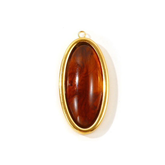 Picture of 1 Piece Eco-friendly PVD 304 Stainless Steel & Resin Geometric Pendants Wholesale 18K Real Gold Plated Brown Oval With Resin Cabochons 4.4cm x 2.1cm
