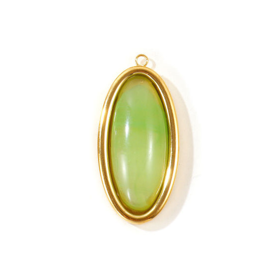 Picture of 1 Piece Eco-friendly PVD 304 Stainless Steel & Resin Geometric Pendants Wholesale 18K Real Gold Plated Light Green Oval With Resin Cabochons 4.4cm x 2.1cm