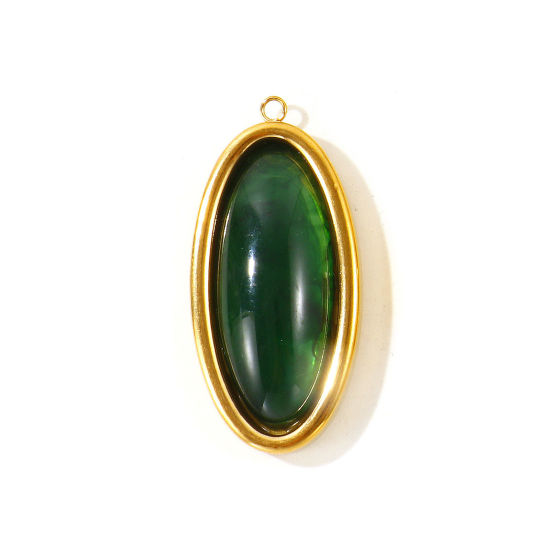 Picture of 1 Piece Eco-friendly PVD 304 Stainless Steel & Resin Geometric Pendants Wholesale 18K Real Gold Plated Dark Green Oval With Resin Cabochons 4.4cm x 2.1cm