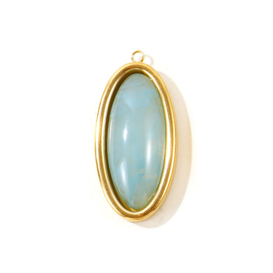Picture of 1 Piece Eco-friendly PVD 304 Stainless Steel & Resin Geometric Pendants Wholesale 18K Real Gold Plated Light Blue Oval With Resin Cabochons 4.4cm x 2.1cm