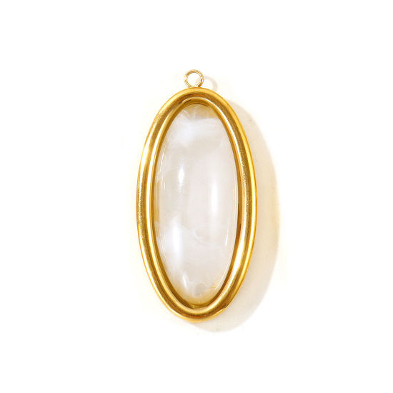 Picture of 1 Piece Eco-friendly PVD 304 Stainless Steel & Resin Geometric Pendants Wholesale 18K Real Gold Plated White Oval With Resin Cabochons 4.4cm x 2.1cm