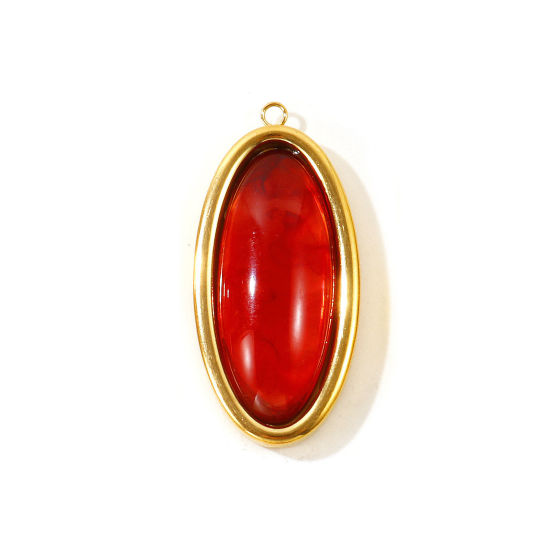 Picture of 1 Piece Eco-friendly PVD 304 Stainless Steel & Resin Geometric Pendants Wholesale 18K Real Gold Plated Red Oval With Resin Cabochons 4.4cm x 2.1cm