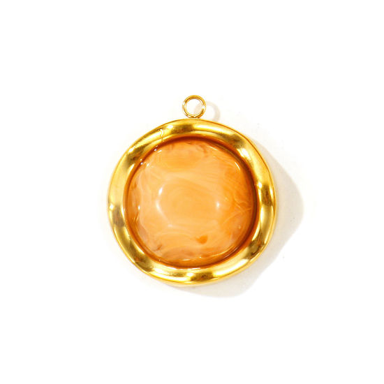 Picture of 2 PCs Eco-friendly PVD 304 Stainless Steel & Resin Charms Wholesale 18K Real Gold Plated Light Orange Round With Resin Cabochons 27mm x 25mm